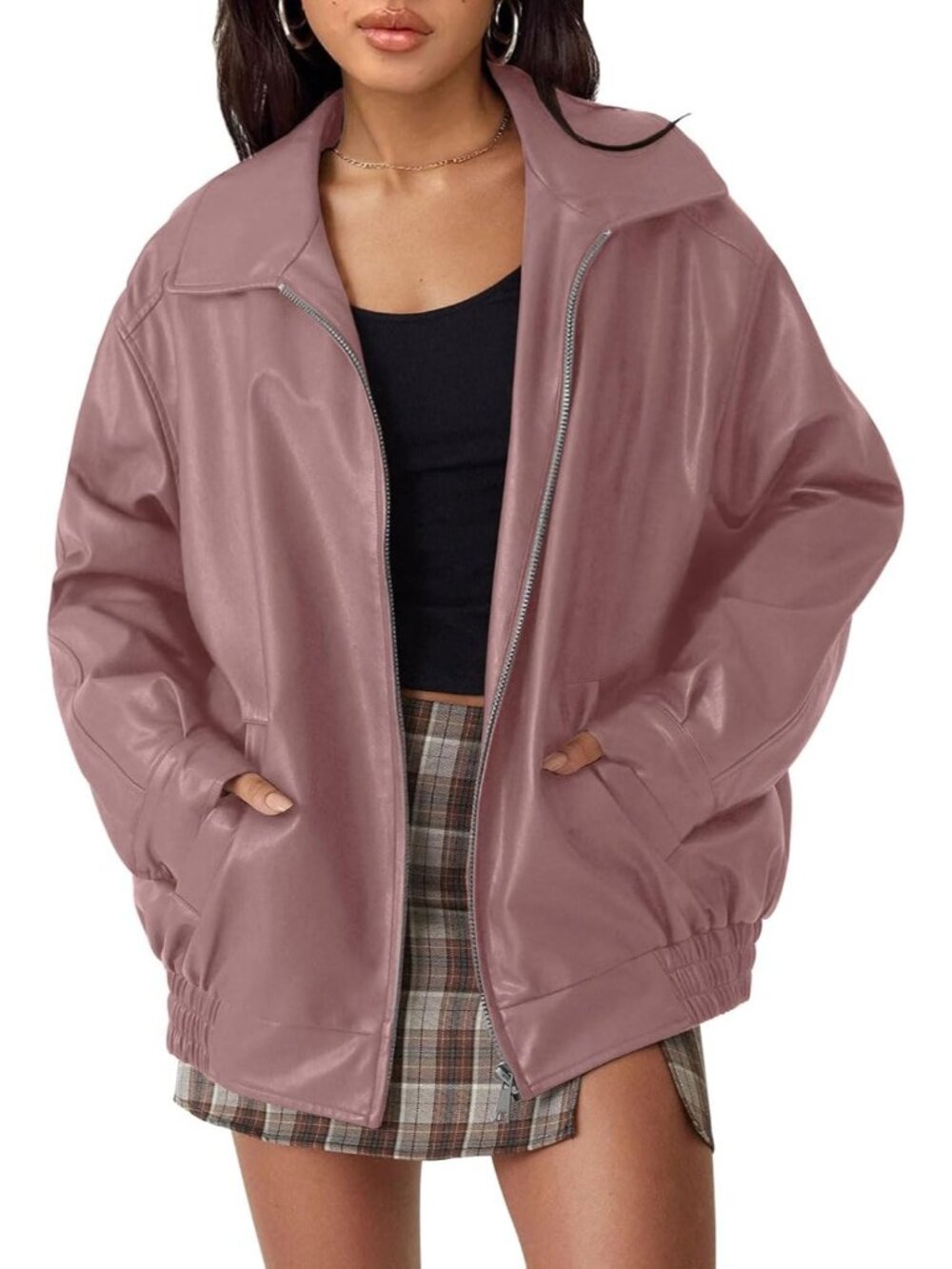 Women's Dark pink Oversized Faux Leather Winter Medium Weight Fall Bomber Jacket